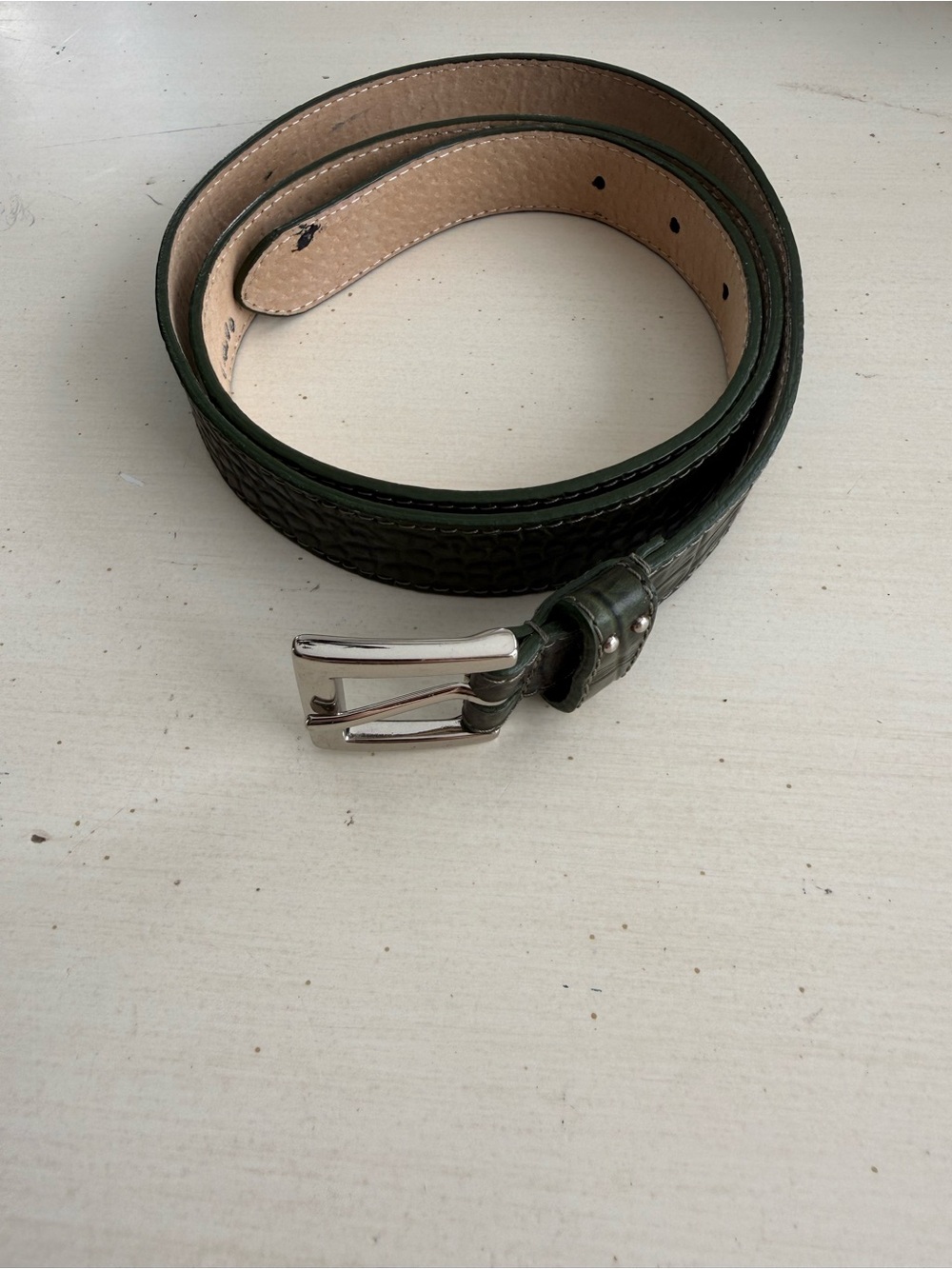 Dark Green Crocodile-style Leather Dress Belt with Silver Buckle
